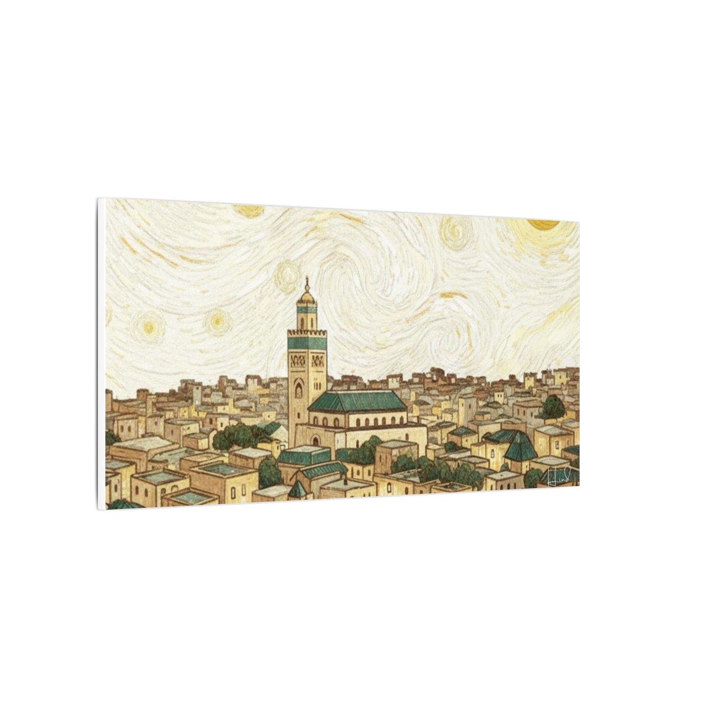 Moroccan Cityscape Canvas Print — Starry Night-Inspired Mosque Wall Art