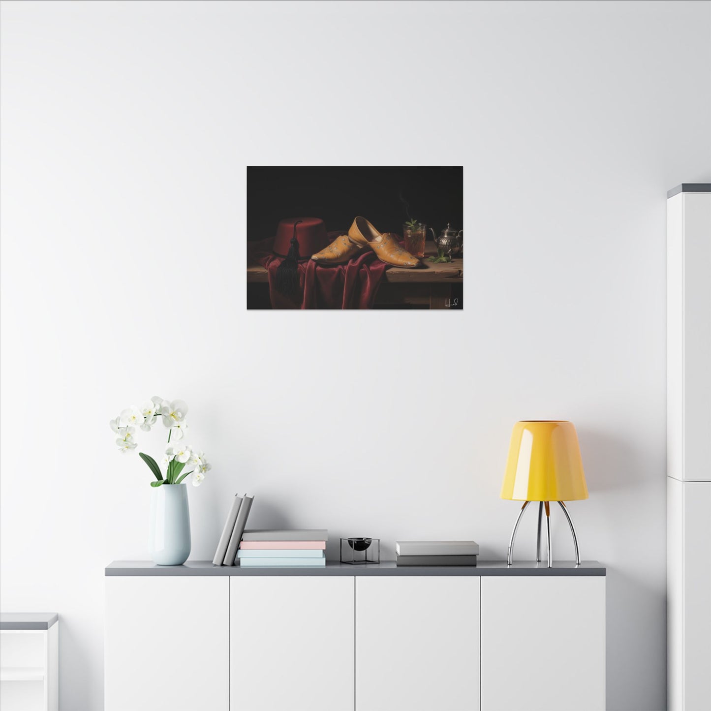 Nature morte sur toile — Chaussures en cuir et fez, décoration murale