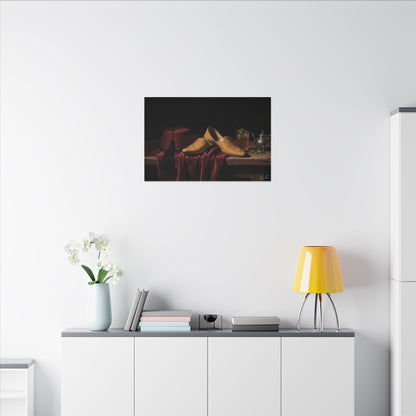 Nature morte sur toile — Chaussures en cuir et fez, décoration murale