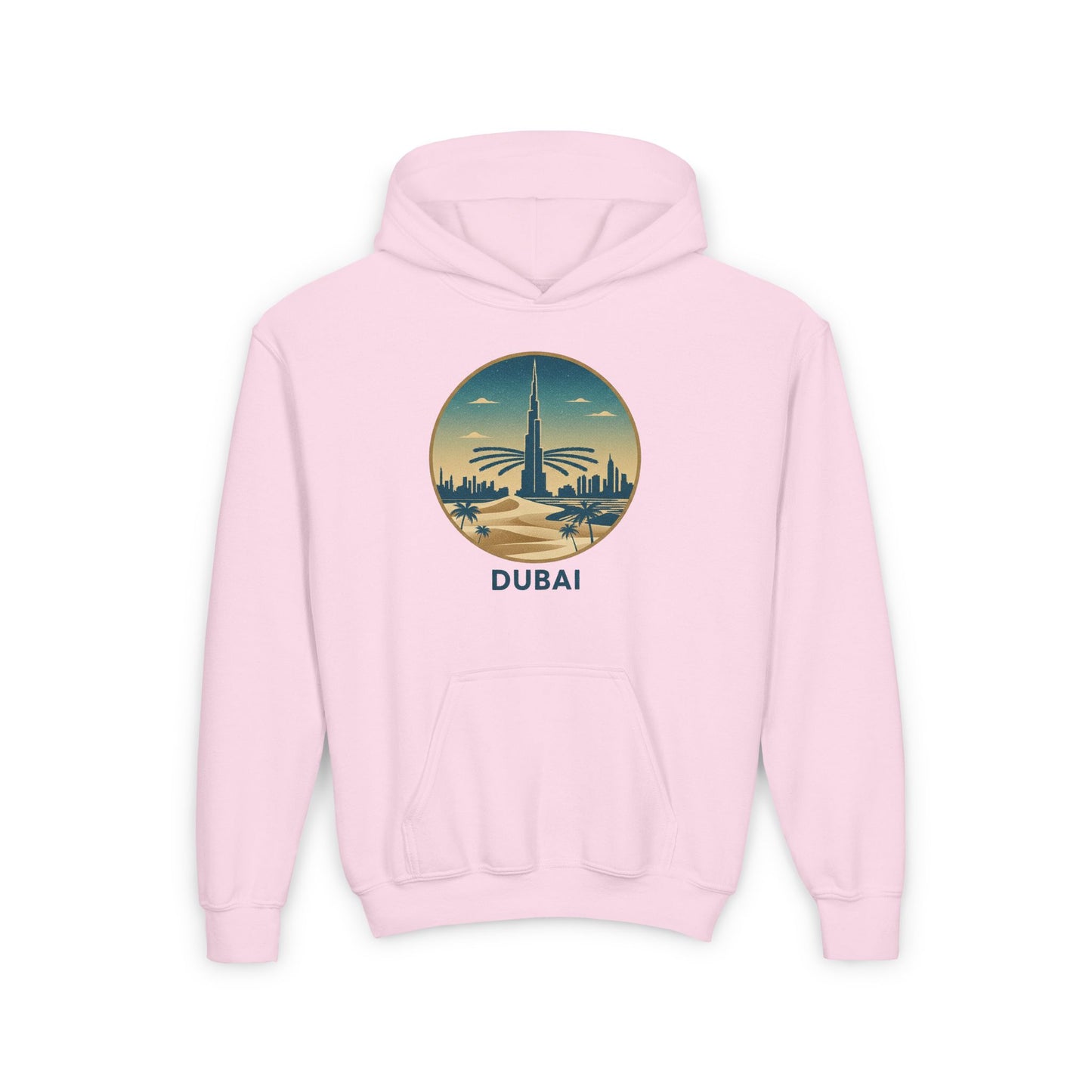 Dubai Skyline Youth Hoodie — Retro Desert Sunset Travel Sweatshirt