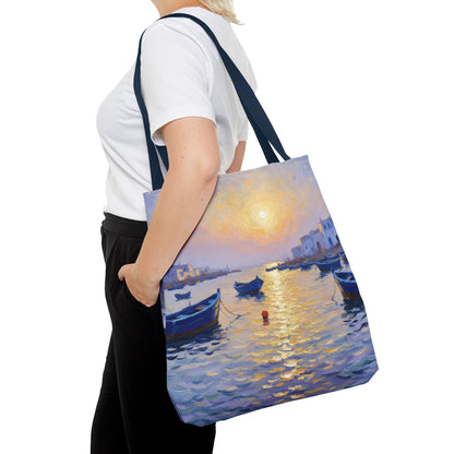 Sunset Harbor Tote Bag - Seaside Boats Art Print