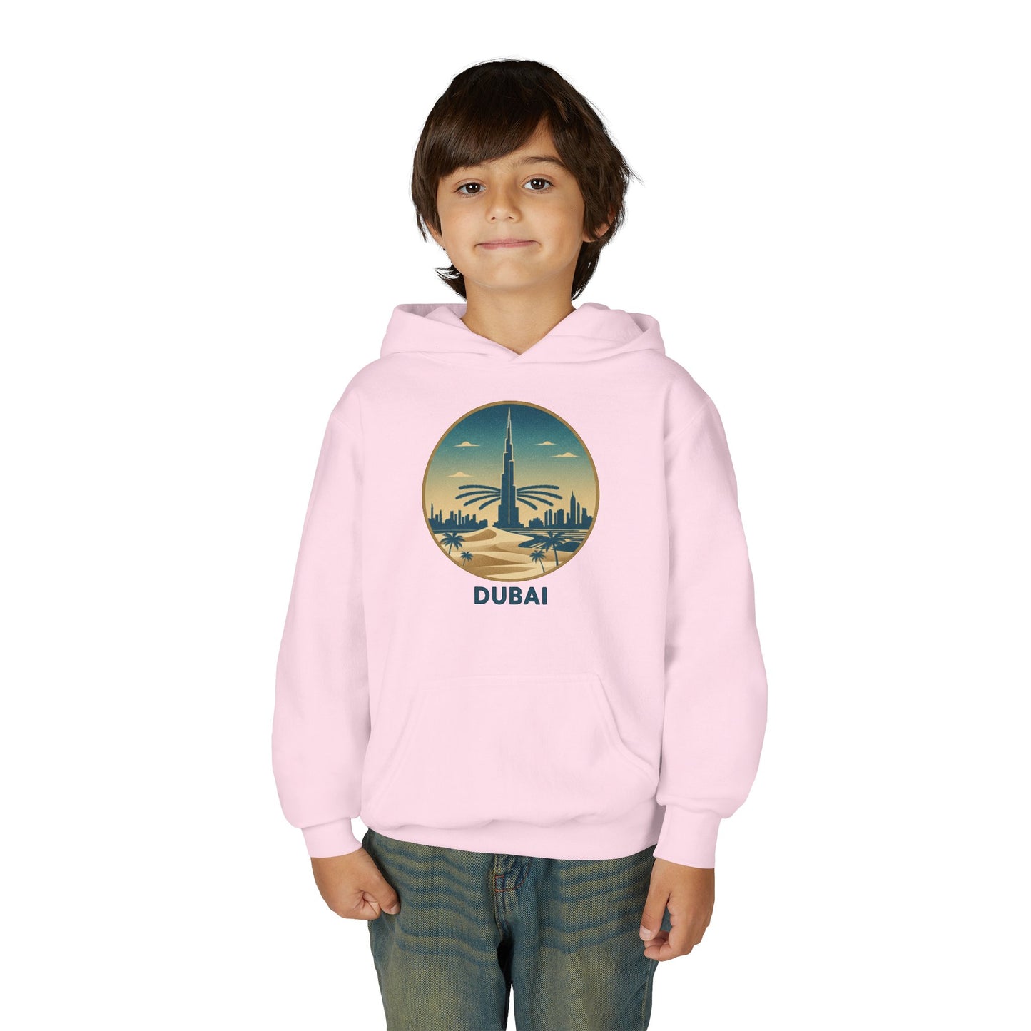 Dubai Skyline Youth Hoodie — Retro Desert Sunset Travel Sweatshirt