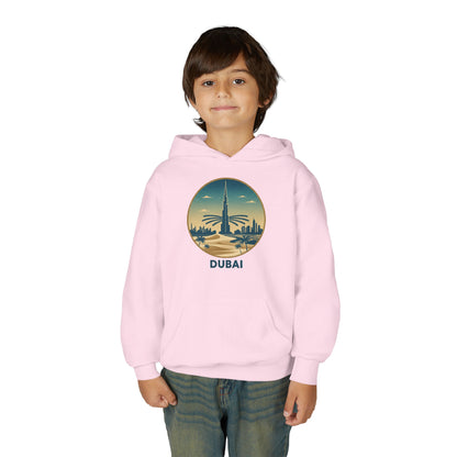 Dubai Skyline Youth Hoodie — Retro Desert Sunset Travel Sweatshirt