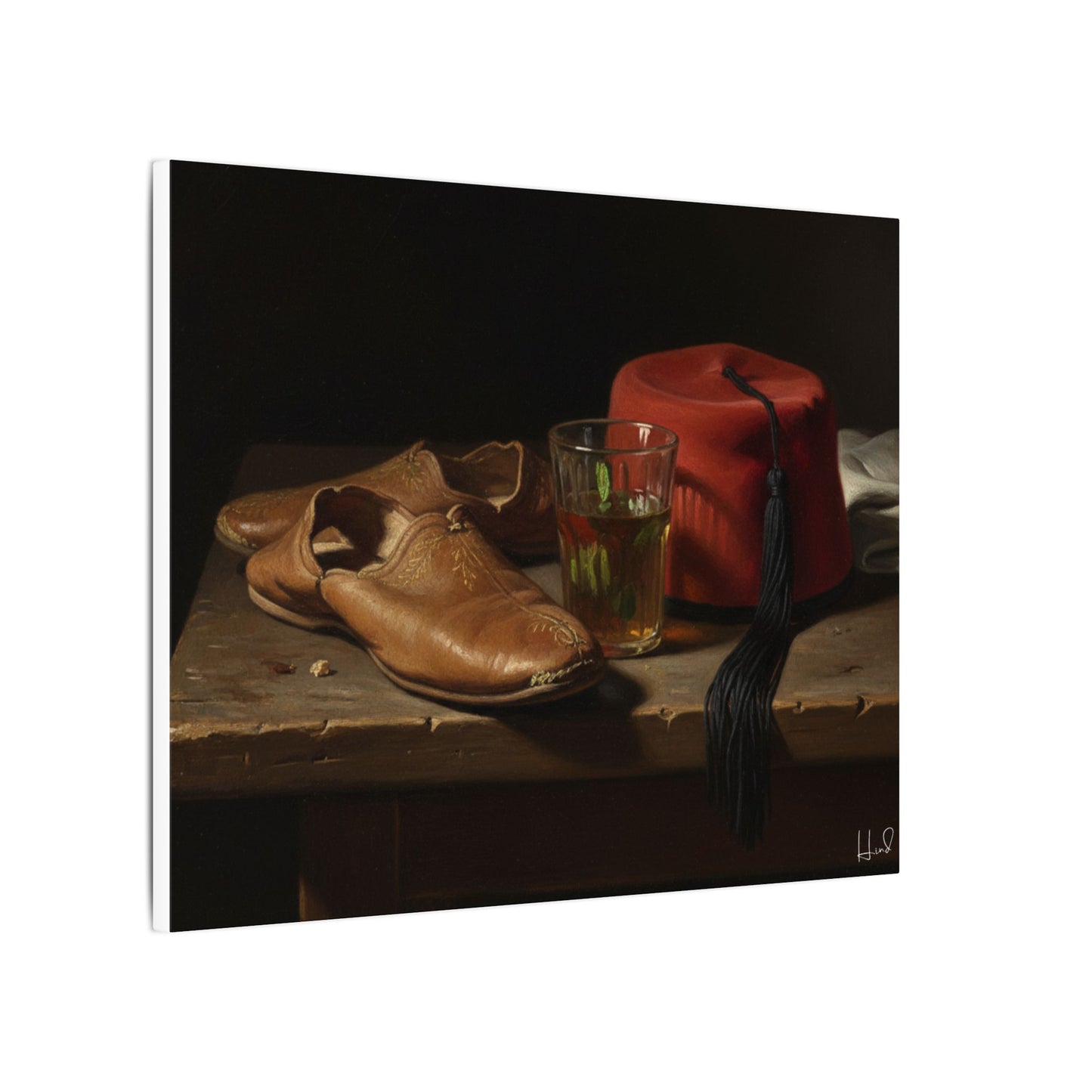 Still Life Canvas Print — Leather Shoes & Red Fez Wall Art