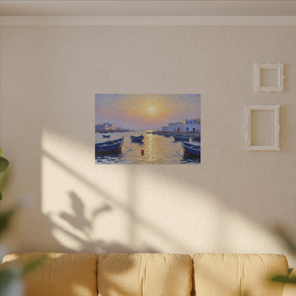 Seaside Sunset Canvas Print — Boats on Tranquil Harbor Wall Art