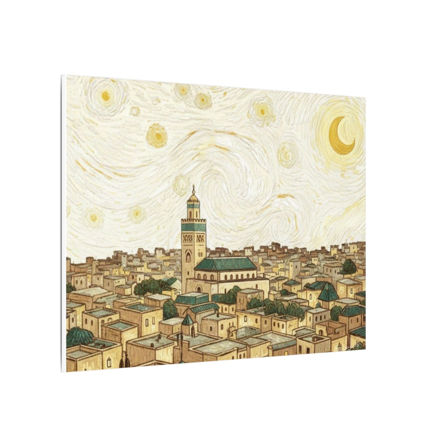 Moroccan Cityscape Canvas Print — Starry Night-Inspired Mosque Wall Art