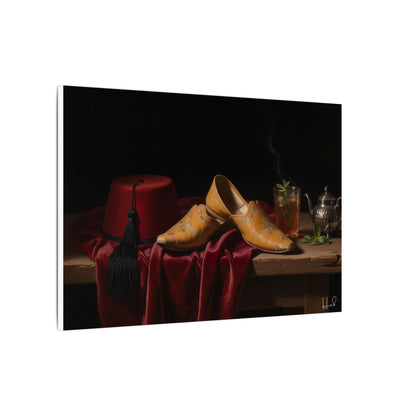 Nature morte sur toile — Chaussures en cuir et fez, décoration murale