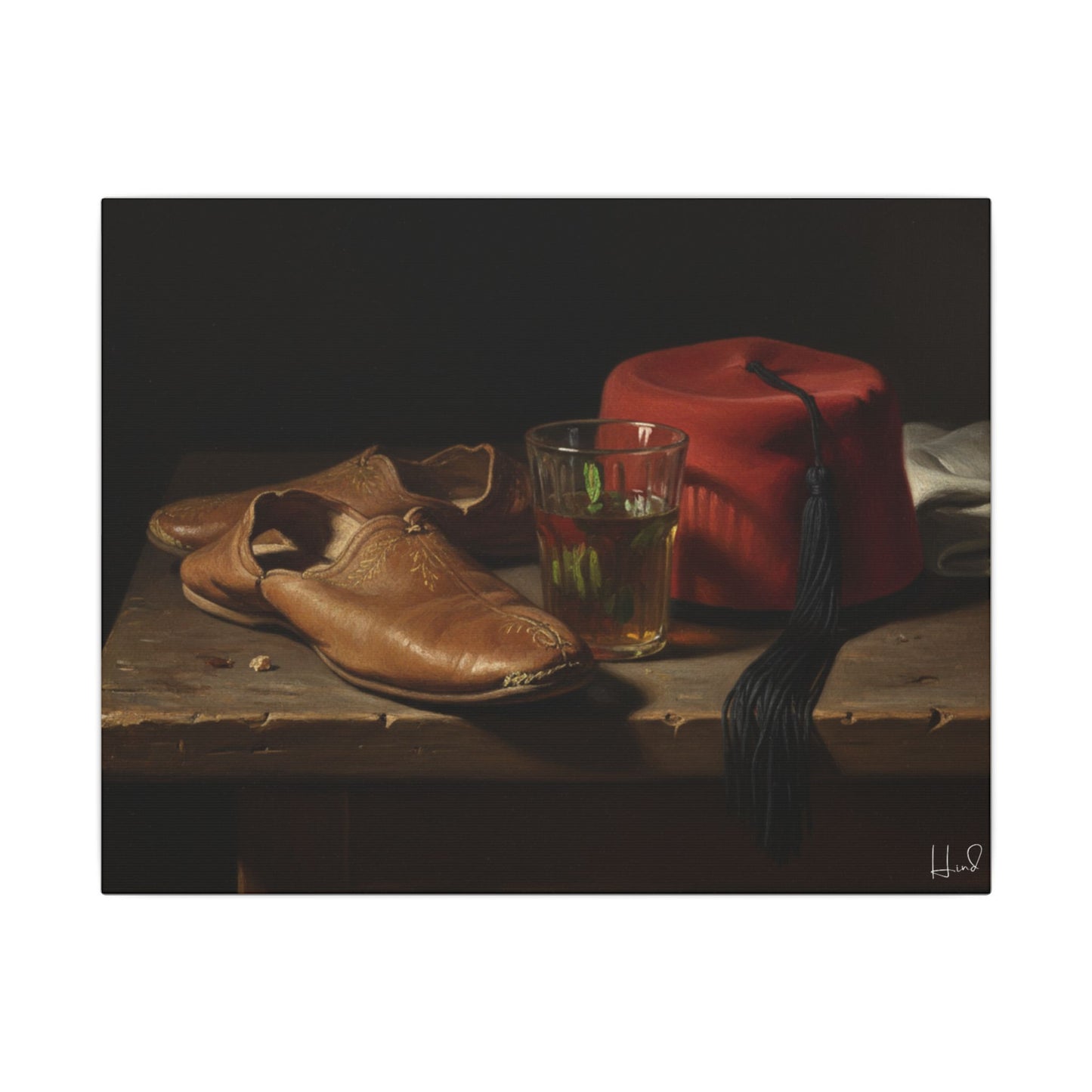 Still Life Canvas Print — Leather Shoes & Red Fez Wall Art