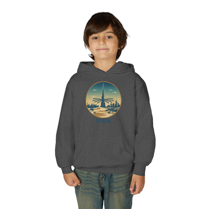 Dubai Skyline Youth Hoodie — Retro Desert Sunset Travel Sweatshirt