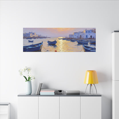 Seaside Sunset Canvas Print — Boats on Tranquil Harbor Wall Art