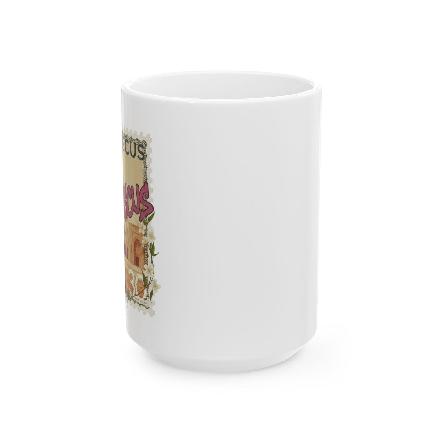 Damascus Vintage Stamp Ceramic Mug — Retro Travel Coffee Cup (11oz & 15oz)