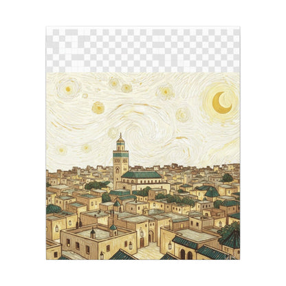 Moroccan Cityscape Canvas Print — Starry Night-Inspired Mosque Wall Art