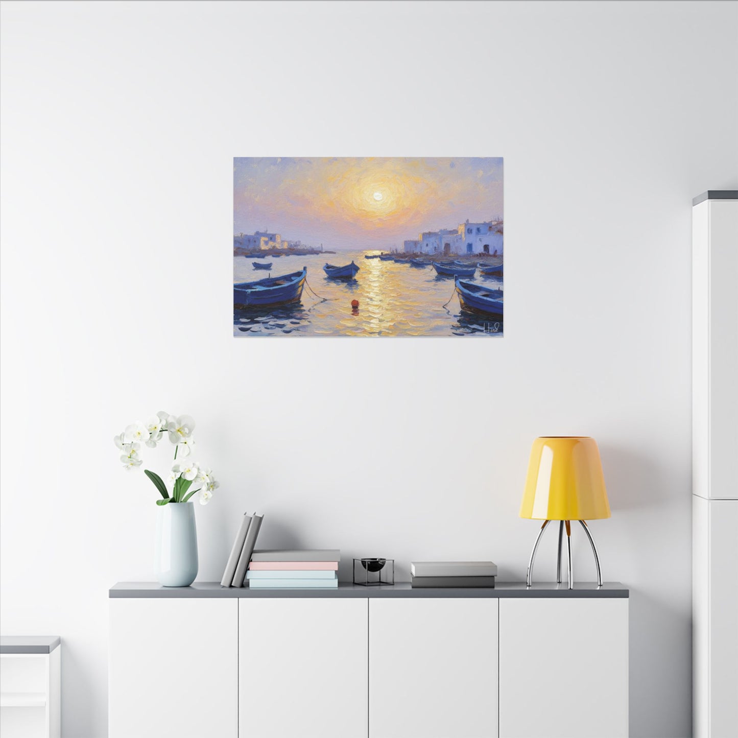 Seaside Sunset Canvas Print — Boats on Tranquil Harbor Wall Art