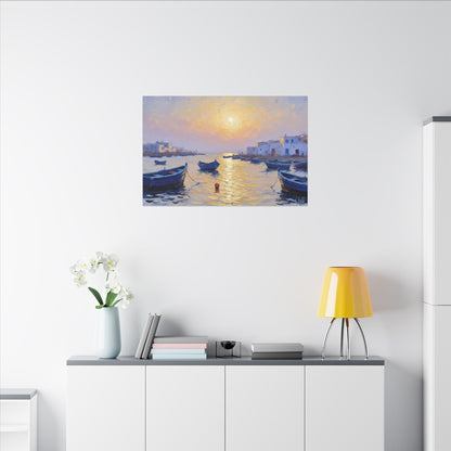 Seaside Sunset Canvas Print — Boats on Tranquil Harbor Wall Art