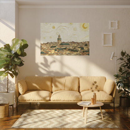 Moroccan Cityscape Canvas Print — Starry Night-Inspired Mosque Wall Art