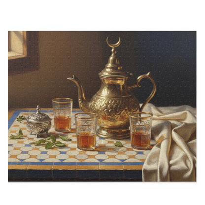 Moroccan Tea Set Jigsaw Puzzle — Vintage Brass Teapot & Glasses (120/252/500 pcs)