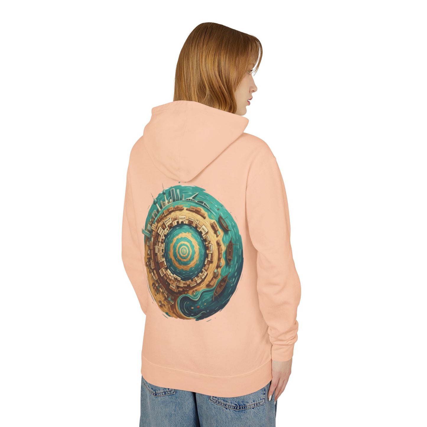 Planetary Beach Circle Hoodie — Coastal Mini-World Graphic Pullover