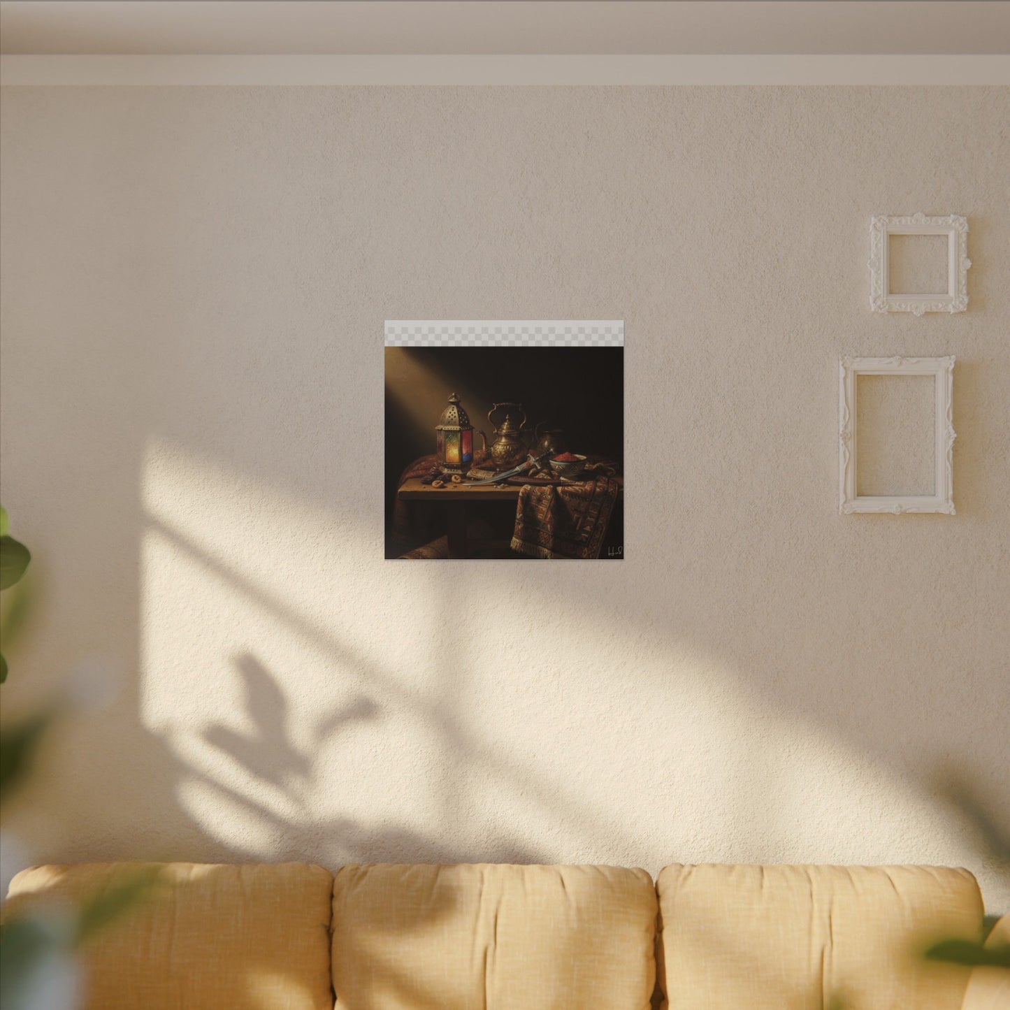 Oriental Still Life Canvas — Vintage Brass Teapot & Lantern Wall Art