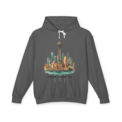 Doha x Seattle Skyline Hoodie — Retro Cityscape Pullover