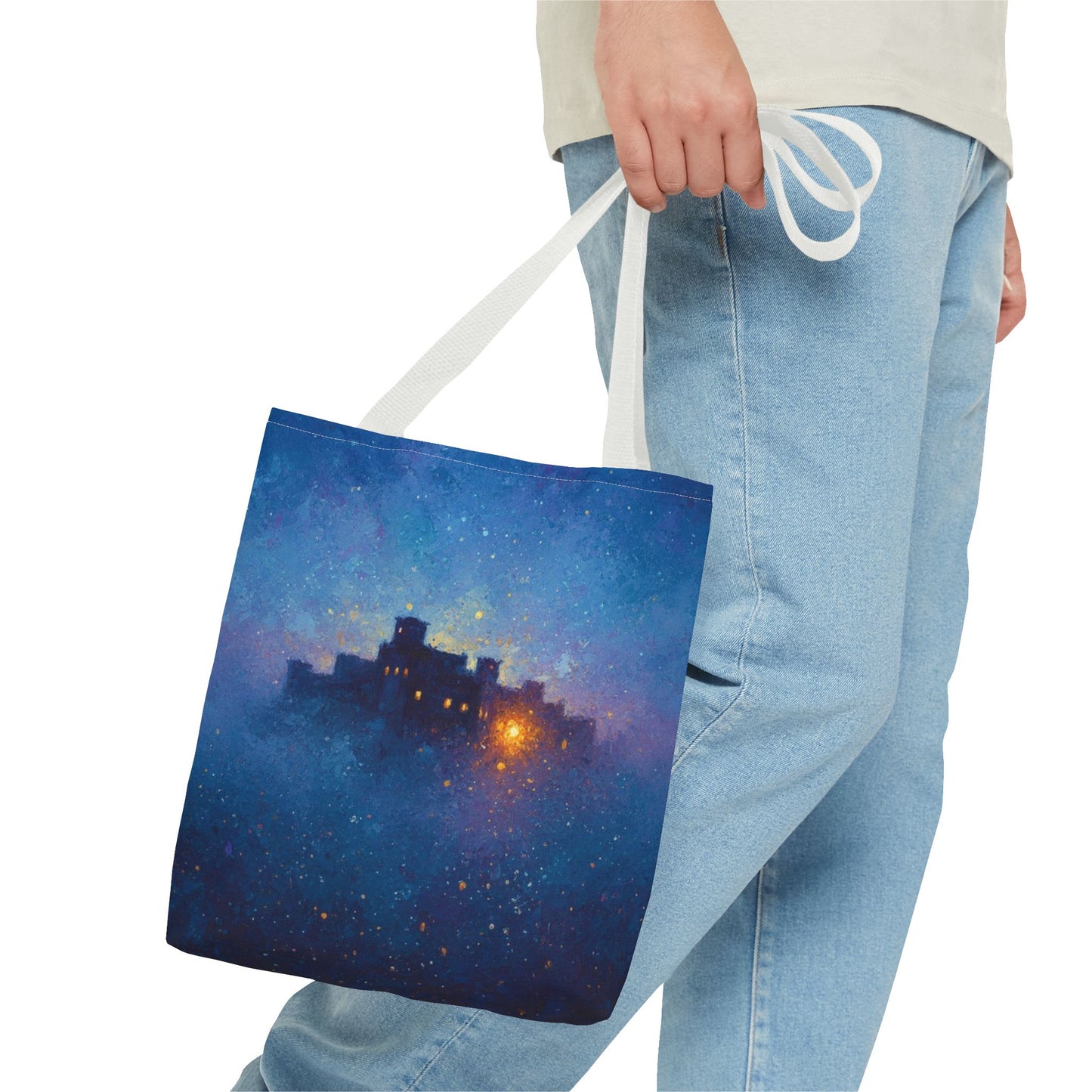 Starry Night Castle Tote Bag — Mystical Galaxy Scene All-Over Print