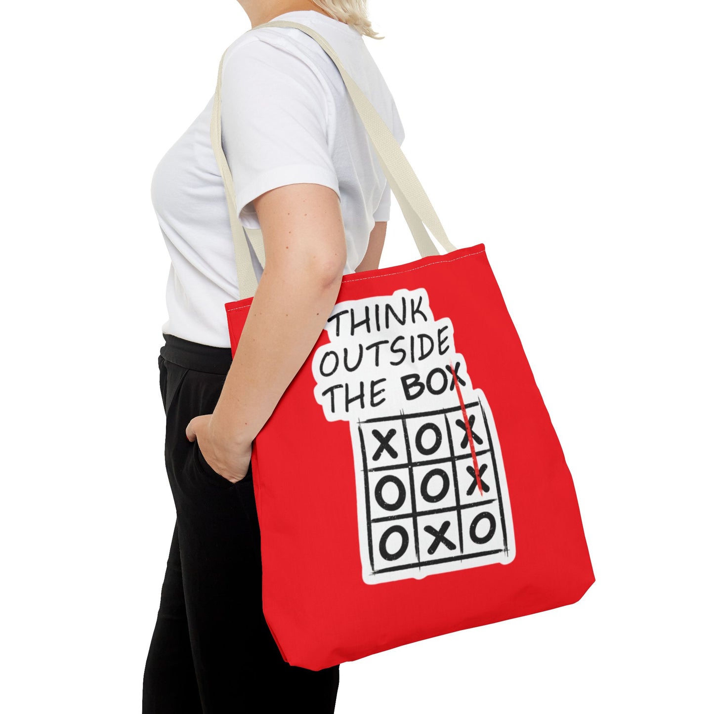 Think Outside the Box Tote Bag — Red Tic-Tac-Toe Motivational Canvas Tote