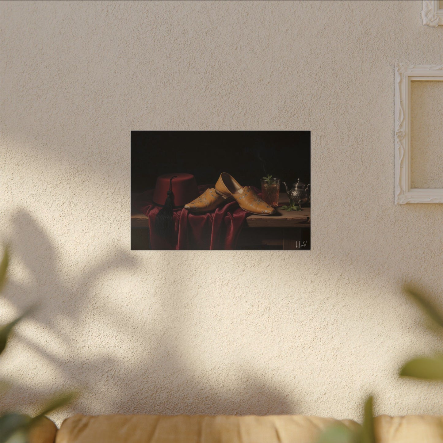 Nature morte sur toile — Chaussures en cuir et fez, décoration murale