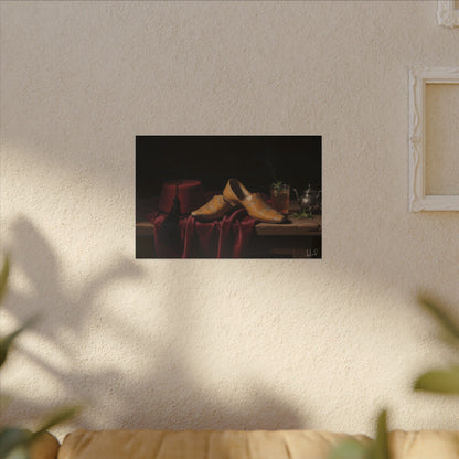 Nature morte sur toile — Chaussures en cuir et fez, décoration murale