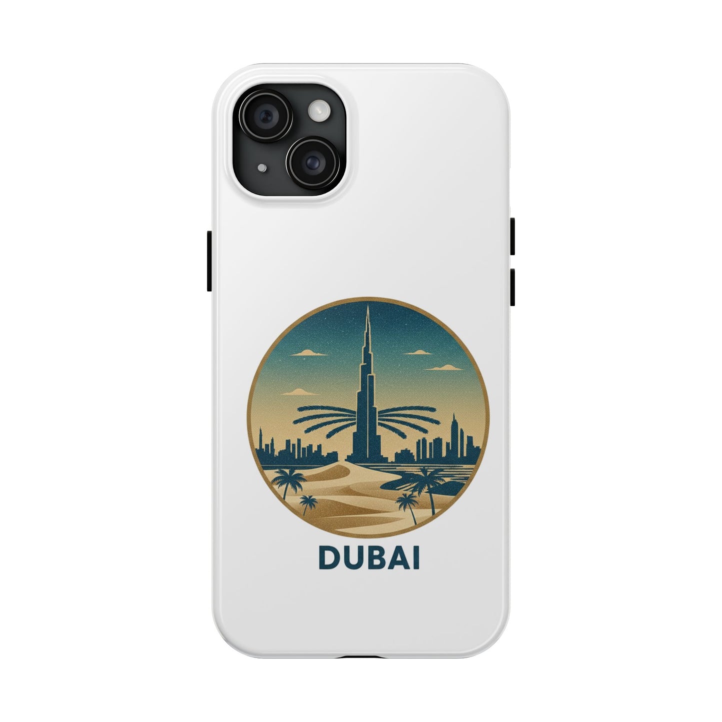 Coque de téléphone résistante motif skyline de Dubaï — Étui de voyage rétro palmiers du désert
