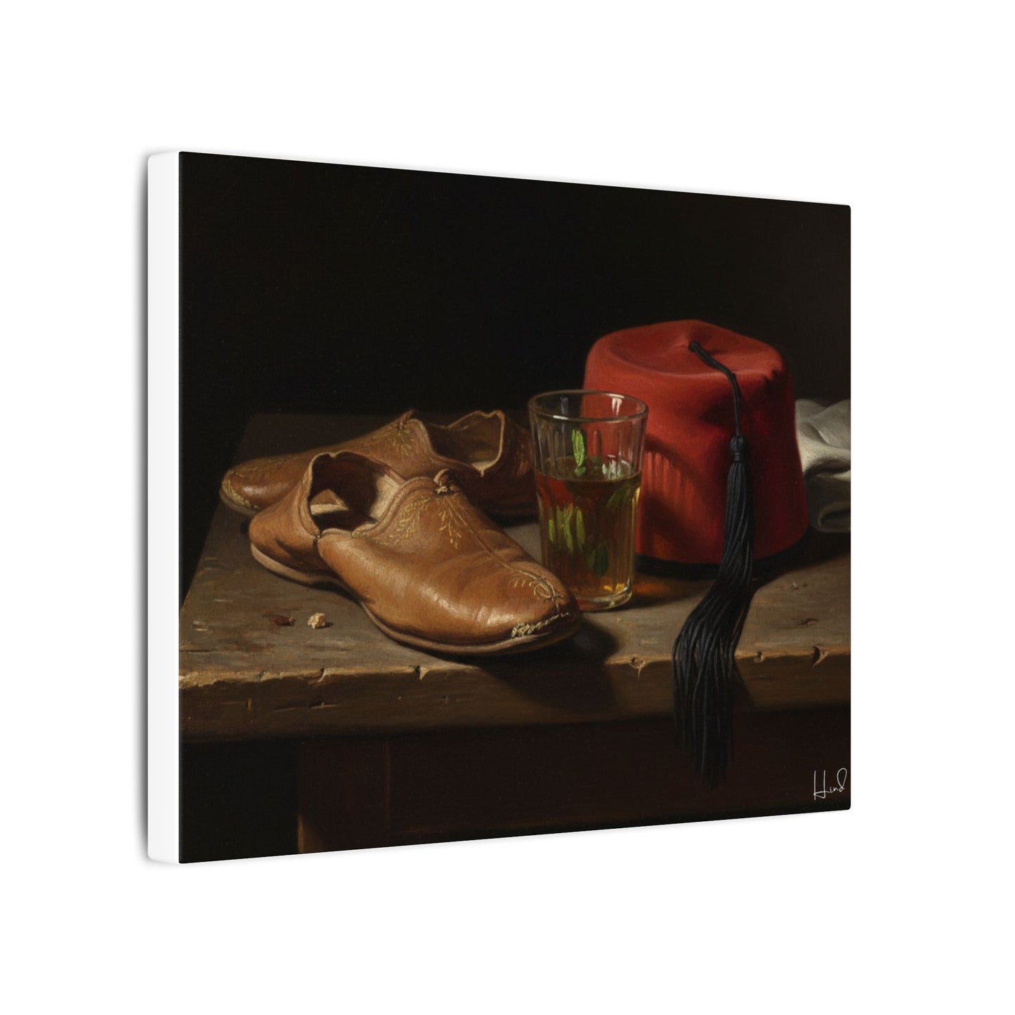 Still Life Canvas Print — Leather Shoes & Red Fez Wall Art