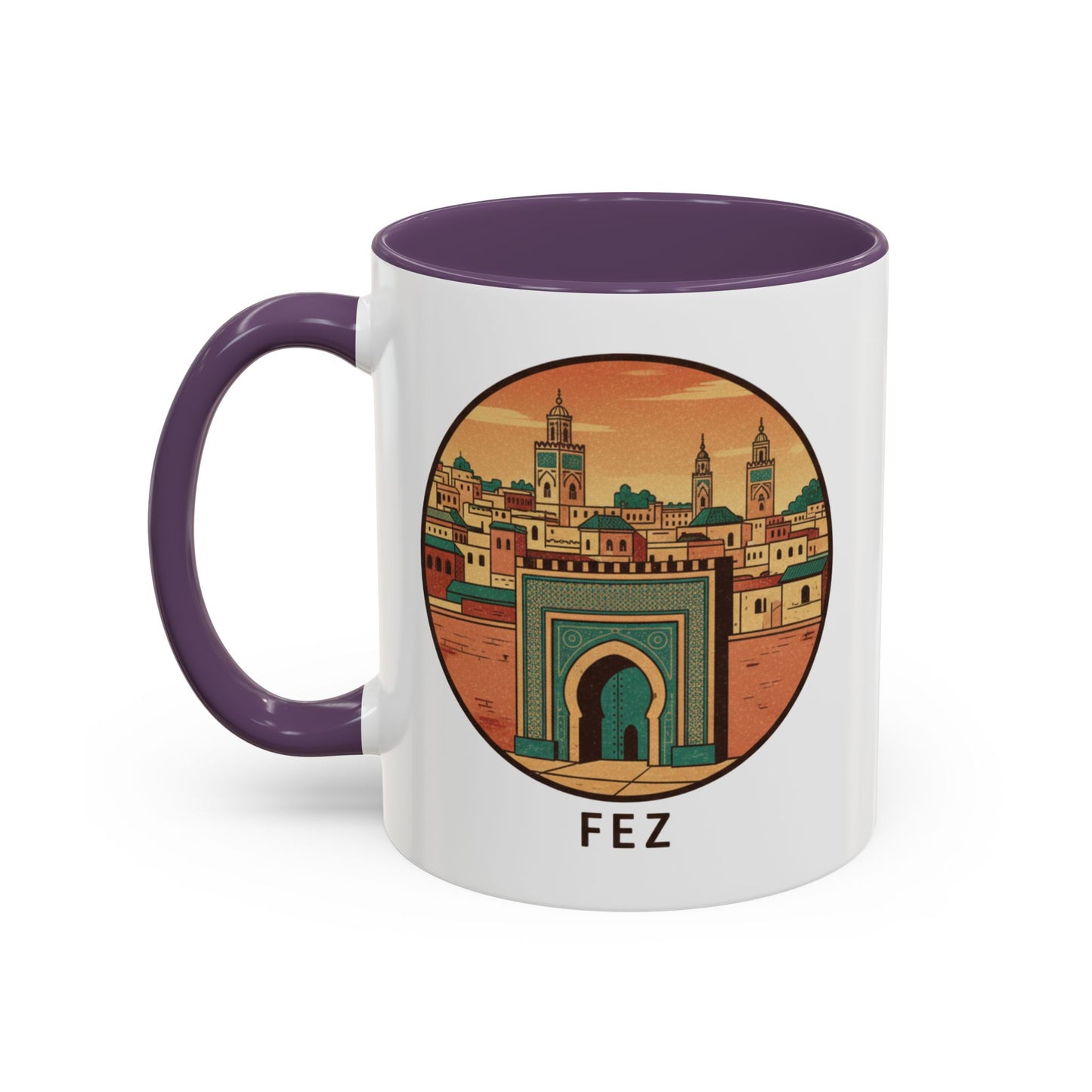 Mug à café Fez Landmark Accent — Souvenir de voyage représentant un paysage urbain marocain (11/15 oz)