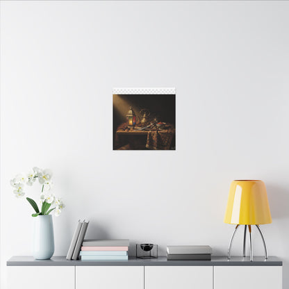 Oriental Still Life Canvas — Vintage Brass Teapot & Lantern Wall Art