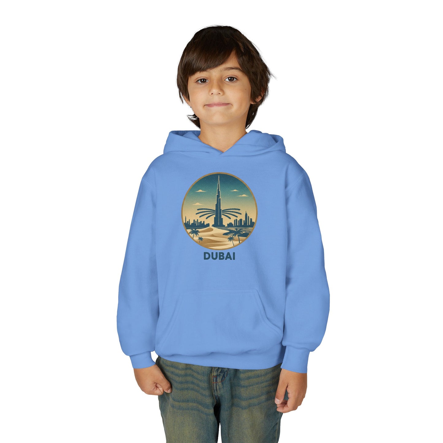 Dubai Skyline Youth Hoodie — Retro Desert Sunset Travel Sweatshirt
