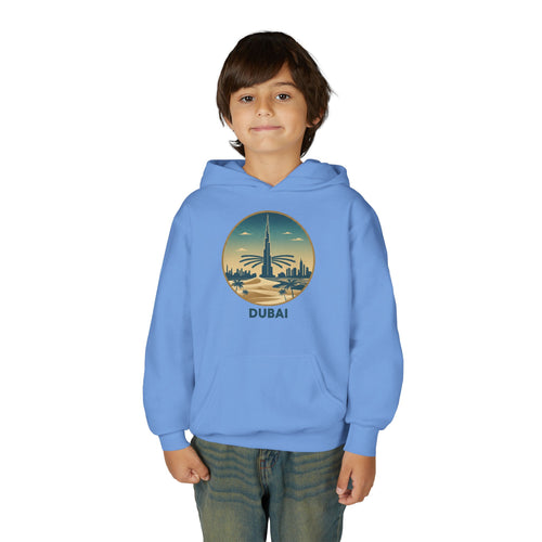 Dubai Skyline Youth Hoodie — Retro Desert Sunset Travel Sweatshirt