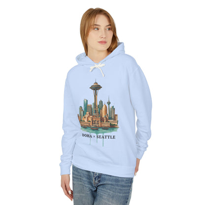 Doha x Seattle Skyline Hoodie — Retro Cityscape Pullover