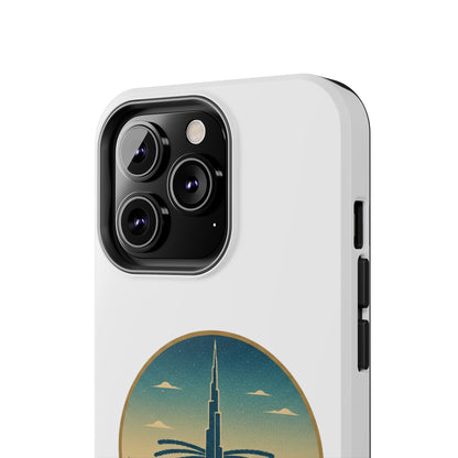 Coque de téléphone résistante motif skyline de Dubaï — Étui de voyage rétro palmiers du désert