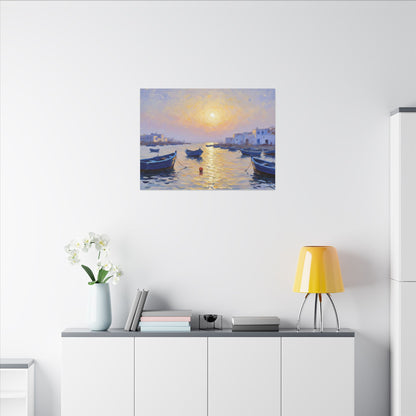 Seaside Sunset Canvas Print — Boats on Tranquil Harbor Wall Art