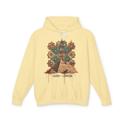 Cairo to London Vintage Pyramid Hoodie — Travel & Retro Mosaic Graphic
