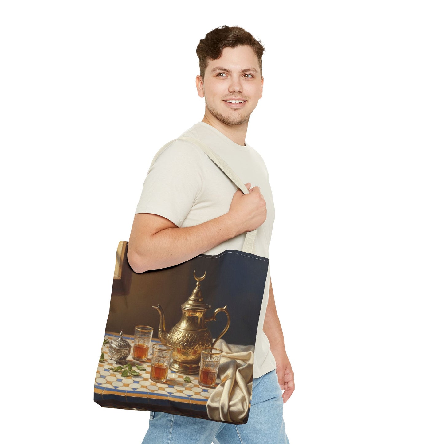 Moroccan Tea Set Tote Bag — Brass Teapot & Glasses AOP Tote