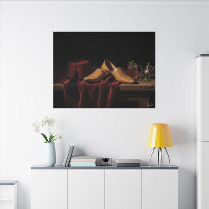 Nature morte sur toile — Chaussures en cuir et fez, décoration murale