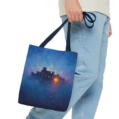 Starry Night Castle Tote Bag — Mystical Galaxy Scene All-Over Print