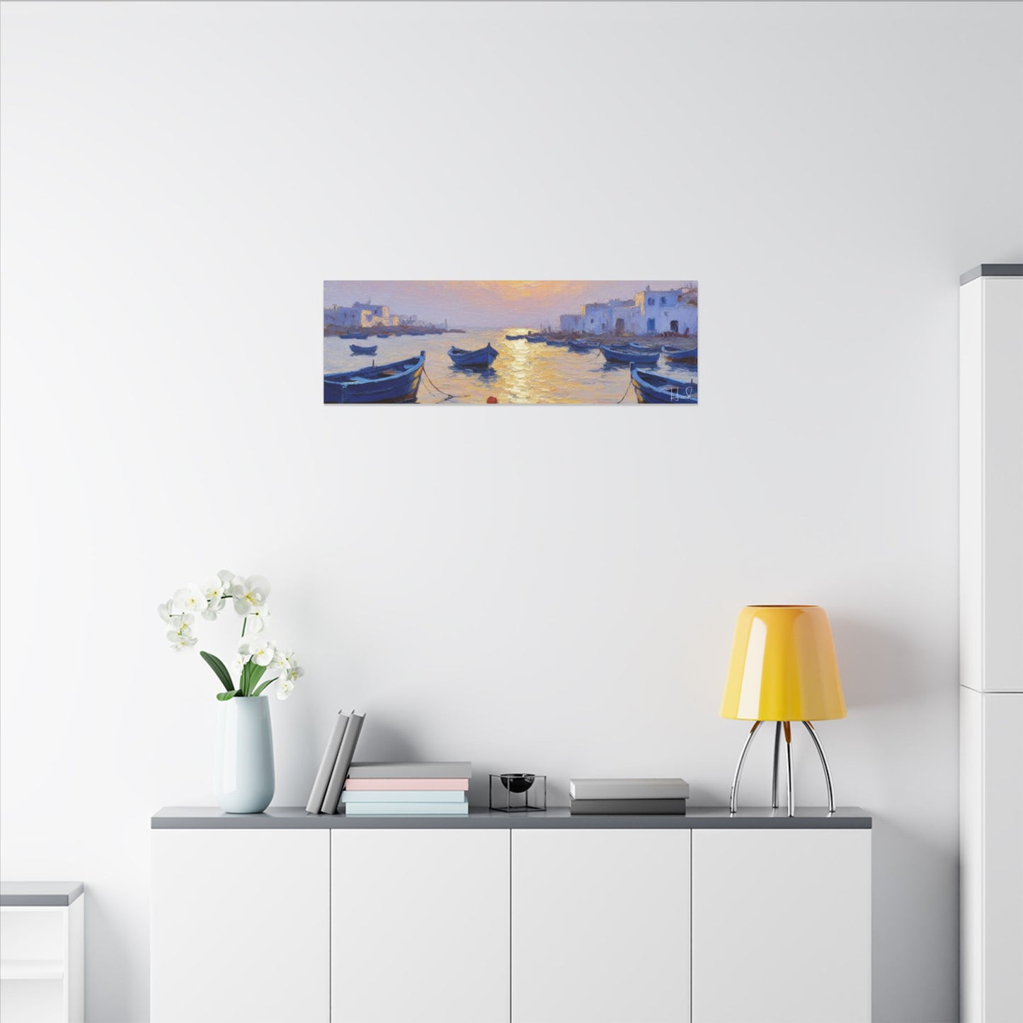 Seaside Sunset Canvas Print — Boats on Tranquil Harbor Wall Art