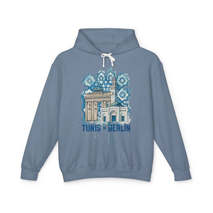 Tunis × Berlin Hoodie — Travel Mashup Graphic Hooded Sweatshirt