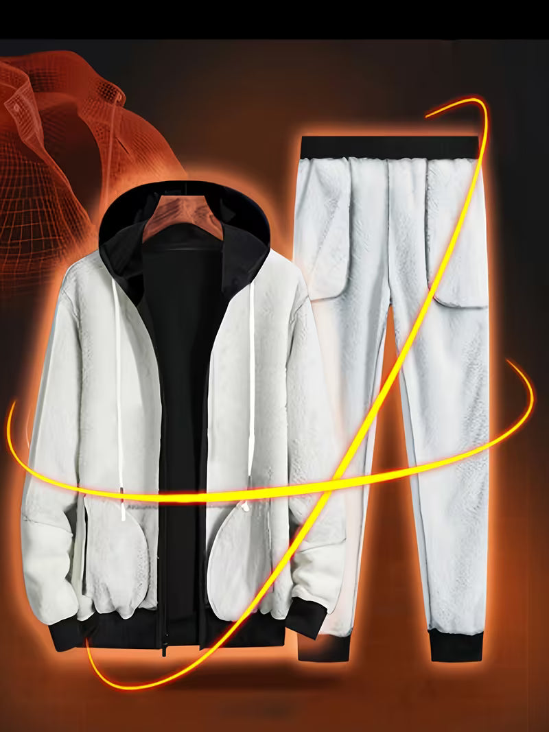 2pcs Men's -Lined Thickened Winter Jacket and Pants Set