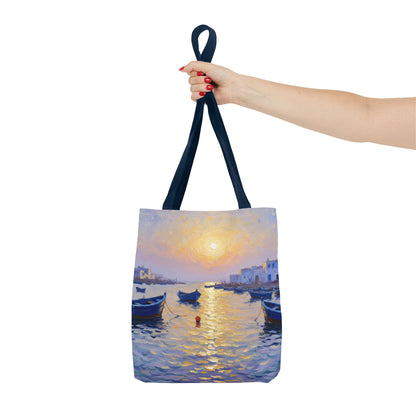 Sunset Harbor Tote Bag - Seaside Boats Art Print