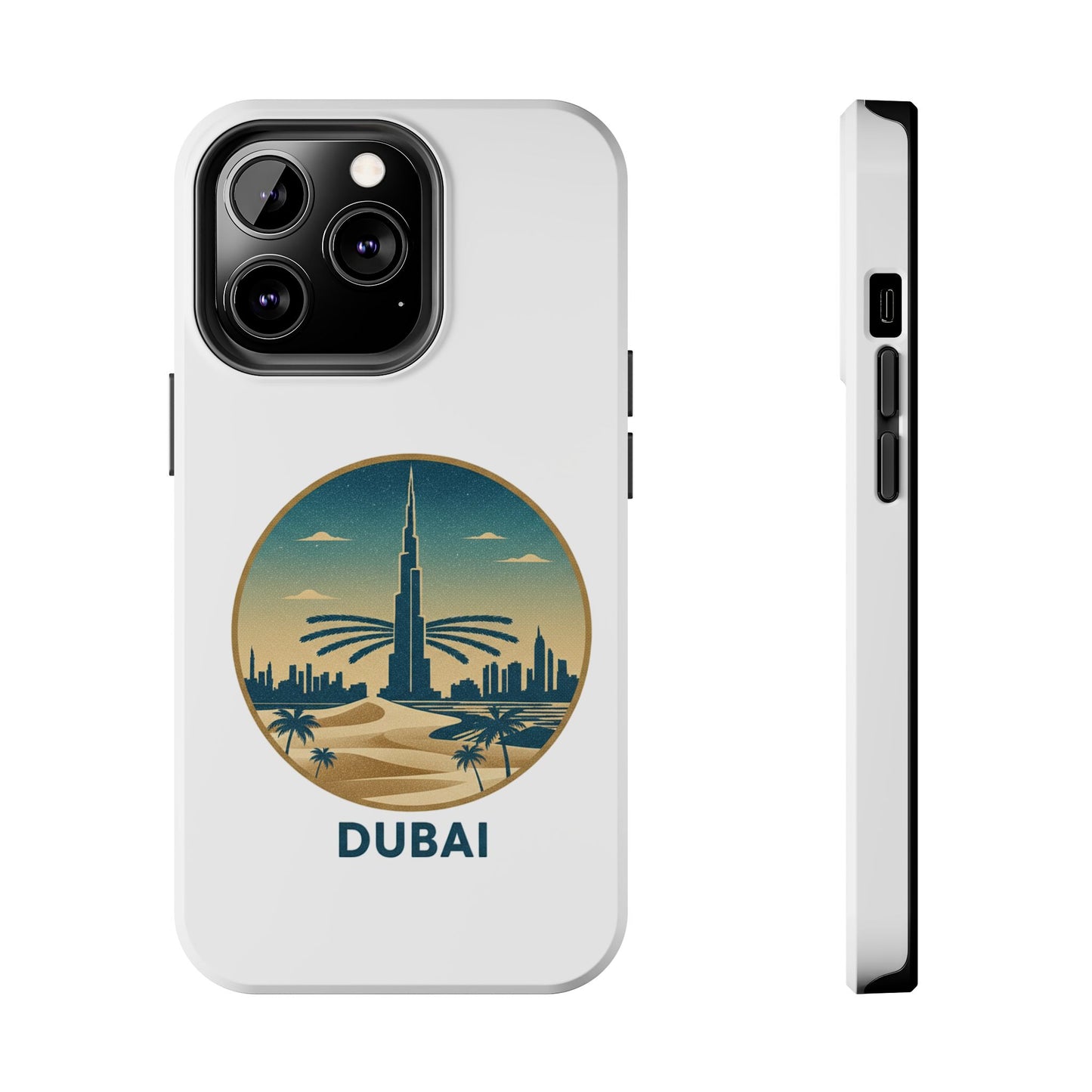 Coque de téléphone résistante motif skyline de Dubaï — Étui de voyage rétro palmiers du désert
