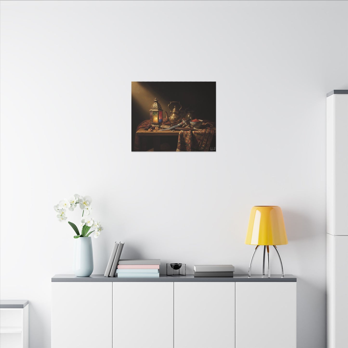 Oriental Still Life Canvas — Vintage Brass Teapot & Lantern Wall Art