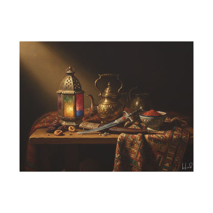 Oriental Still Life Canvas — Vintage Brass Teapot & Lantern Wall Art