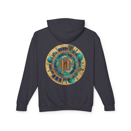 Hoodie — Vintage Teal & Gold Circular Architectural Graphic Hooded Sweatshirt