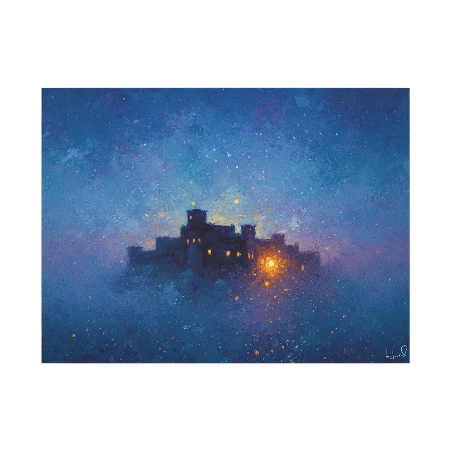 Tableau sur toile mate « Forteresse de la Nuit Étoilée » — Paysage mystique de château bleu
