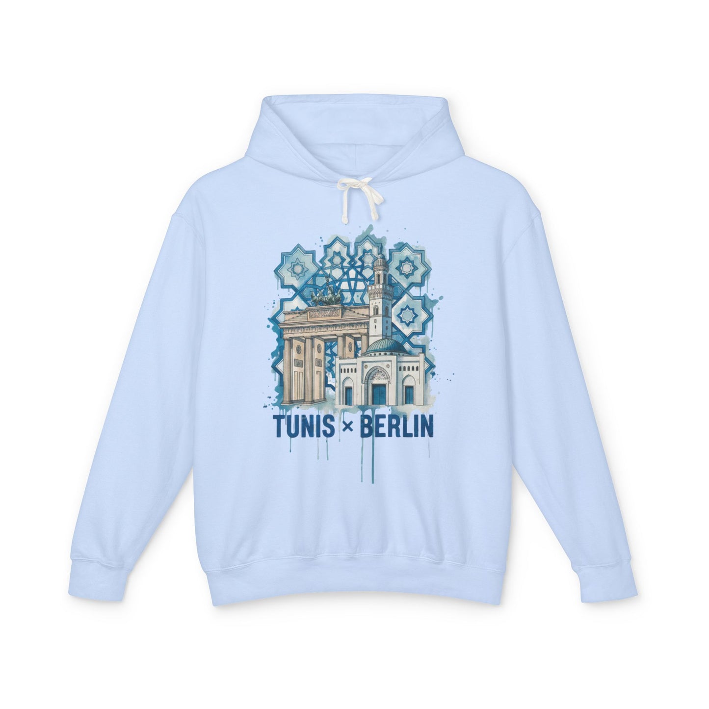 Tunis × Berlin Hoodie — Travel Mashup Graphic Hooded Sweatshirt